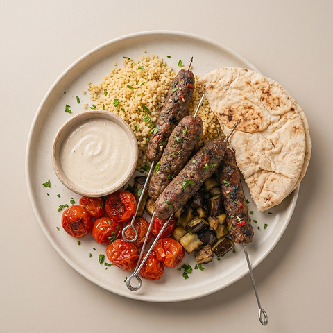 Kofta kebabs com legumes assados e bulgur